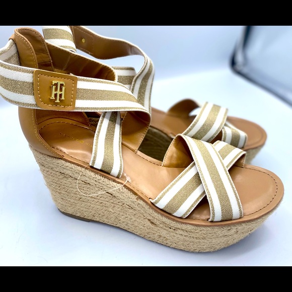 Tommy Hilfiger Theia Gold/White Chunky Straw Espadrille Wedge Sandals NWT Size10 - Picture 2 of 14